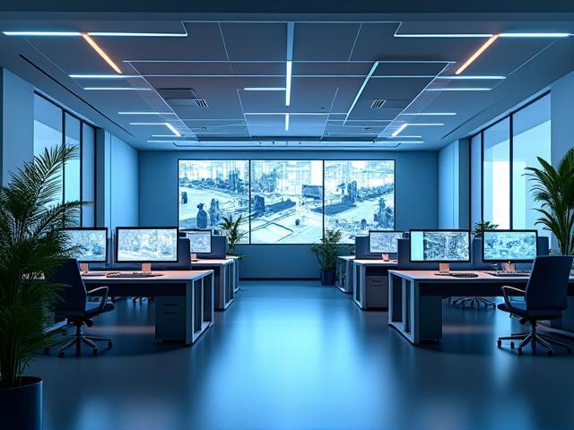 Modern SecureVision Technologies office setup with advanced security system displays