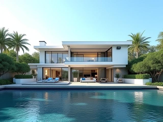 Exterior of a luxury waterfront home with security cameras