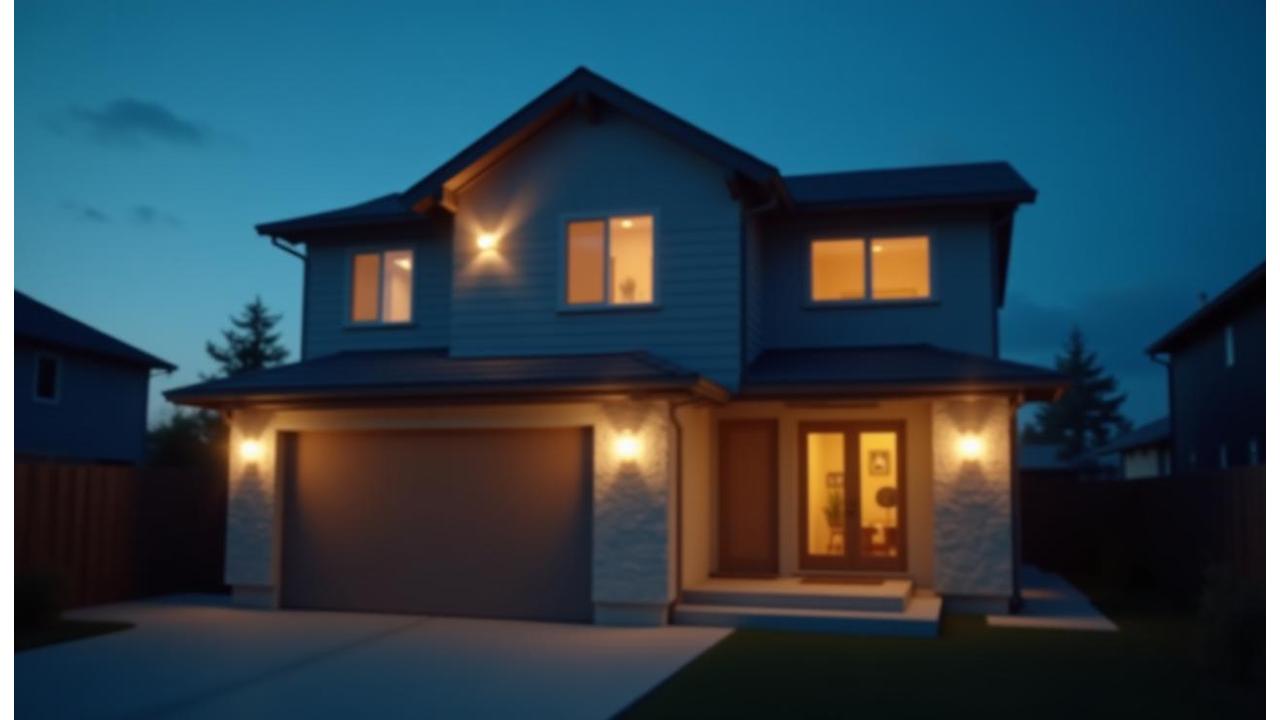 Secure smart home with visible security cameras and glowing sensors at dusk